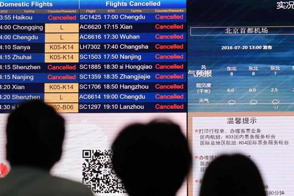 Many flights have been delayed or cancelled due to heavy rain this summer. Above, travellers check a flight information board at Beijing Capital International Airport. Photo: Simon Song
