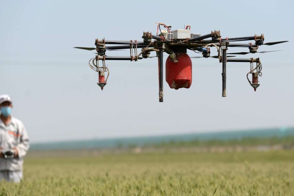 A drone flies over a wheat field to spray insecticide in China's Hebei Province. Using drones in this fashion saves 30-40 per cent of pesticide volume. Photo: Xinhua