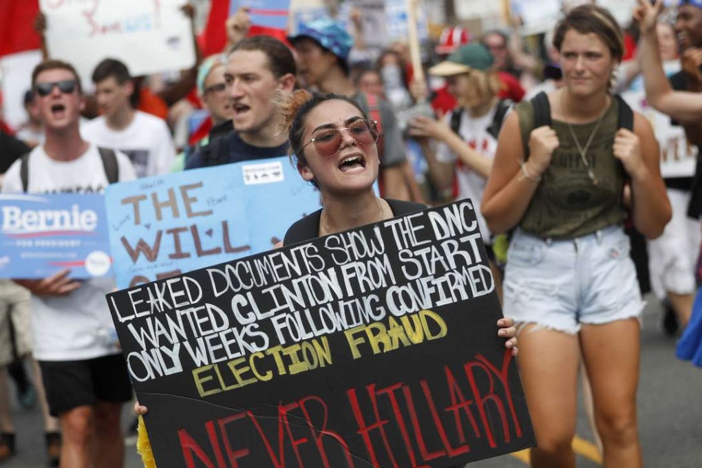 Supporters of Senator Bernie Sanders protest in downtown Philadelphia on Monday, angered by leaked emails posted to the website Wikileaks that suggest Democrat bigwigs were biased against him in favour of Hillary Clinton. Photo: AP