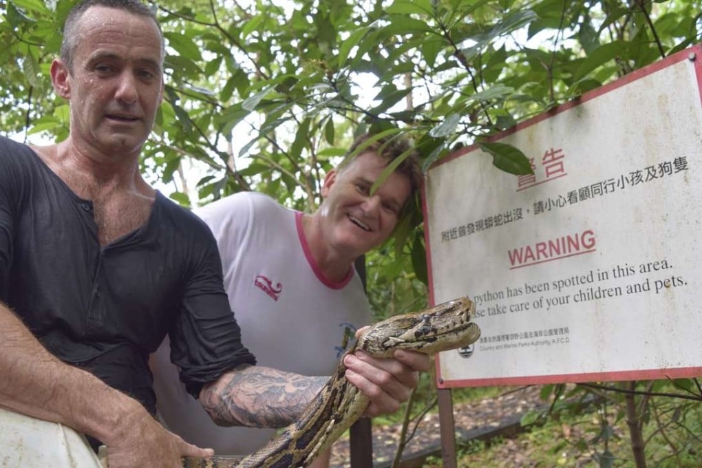 Karl Davies (right) and snake catcher Dave Willott with Kaa, the captured Burmese python. Photo: Red Door News