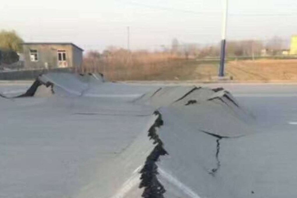 A photo posted online showing a damaged road. The quake struck at a depth of about 10km in Cangwu county outside Wuzhou at 5.18pm. Photo: SCMP Pictures