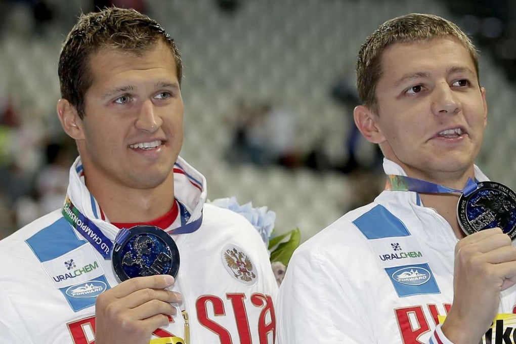 Russian swimmers Nikita Lobintsev (left) and Vladimir Morozov at the Swimming World Championships in Kazan, Russia, in August 2015. Photo: AP