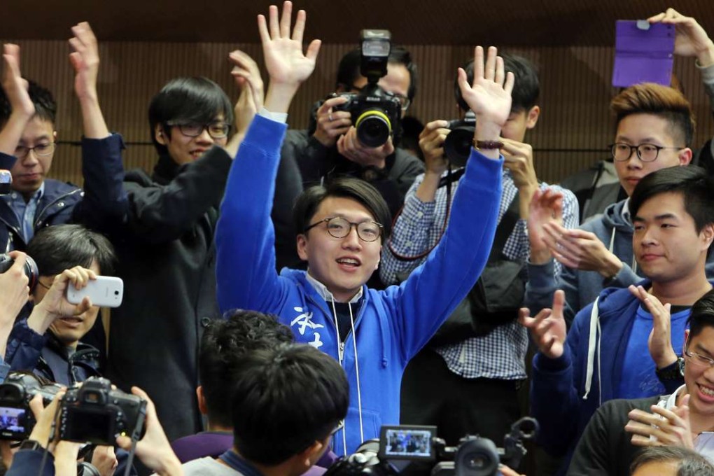 Edward Leung waves to supporters during the New Territories East by-election in February. Photo: Dickson Lee