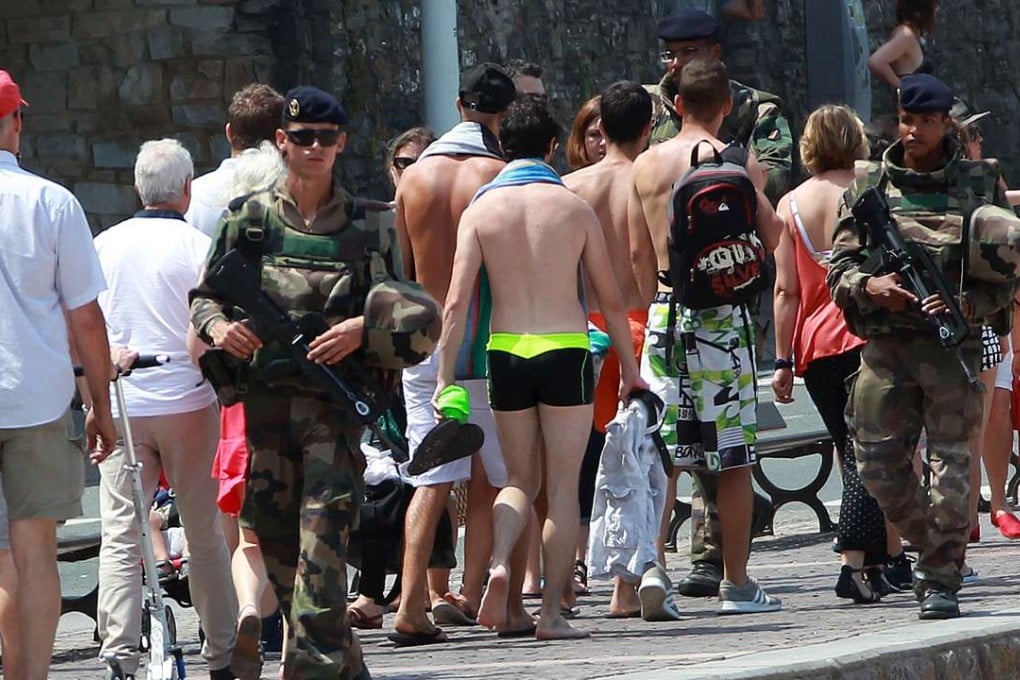 French soldiers patrol near Biarritz's beach in southwestern France on Saturday. Photo: AP