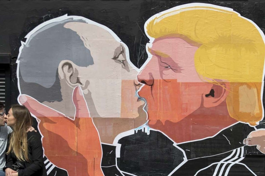 Graffiti depicting Russian President Vladimir Putin, left, and Republican presidential candidate Donald Trump. Trump has mentioned his admiration of Putin’s tough style many times while giving China a difficult time, despite Xi’s similar tough style. Photo: AP