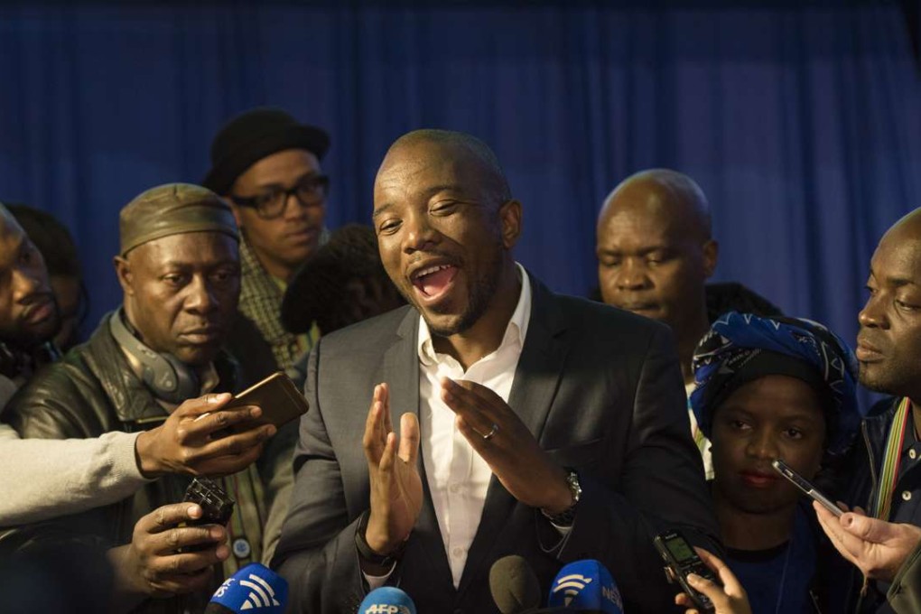 Leader of the official opposition Democratic Alliance Mmusi Maimane talks to the press at the election results centre in Pretoria. Photo: AP