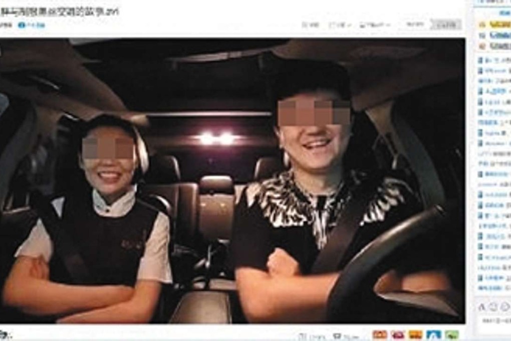 Didi Taxi driver Kong and his unwitting passenger, flight attendant Li, who was unaware that their conversation was being live-streamed to 180,000 of Kong’s followers. Photo: The Beijing Times