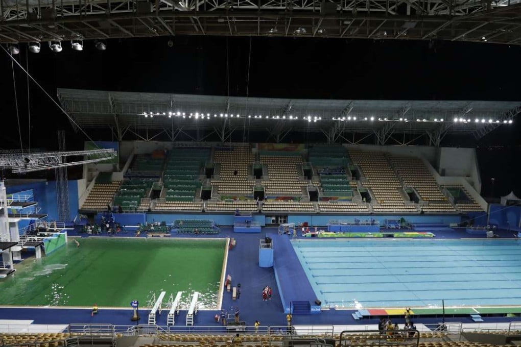 The diving pool (left) and the water polo pool at the Maria Lenk Aquatic Centre. Photo: AP