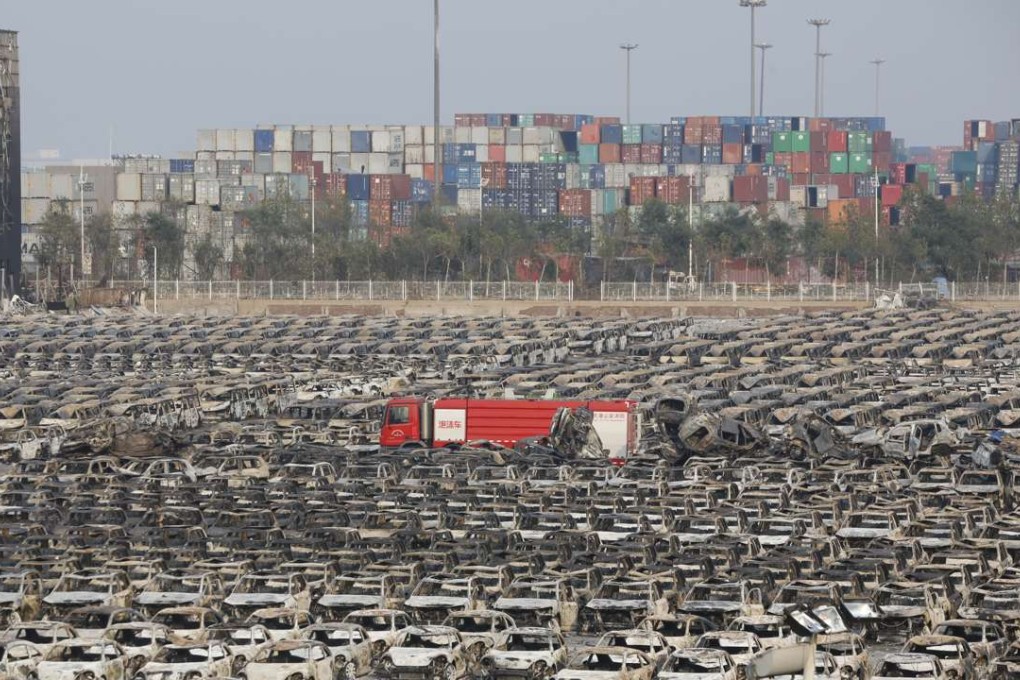 Brand new motor vehicles destroyed by the explosion in the Binhai New District of Tianjin in August 2015. Photo: China Foto Press