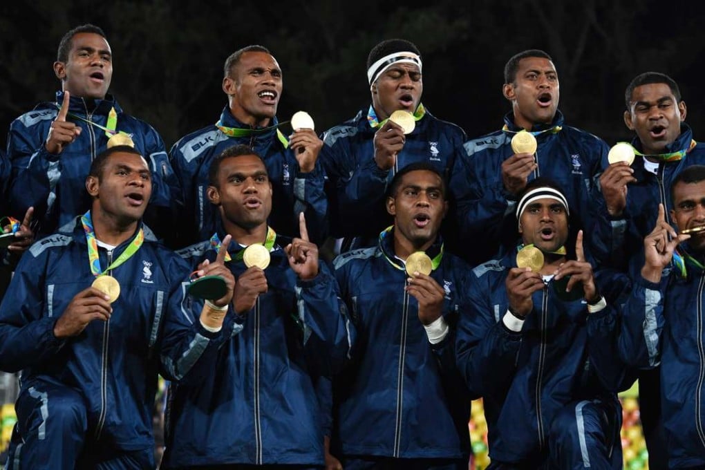 Fiji celebrate securing a first-ever Olympic gold medal for the Pacific island nation, in the men’s rugby sevens. Photo: AFP