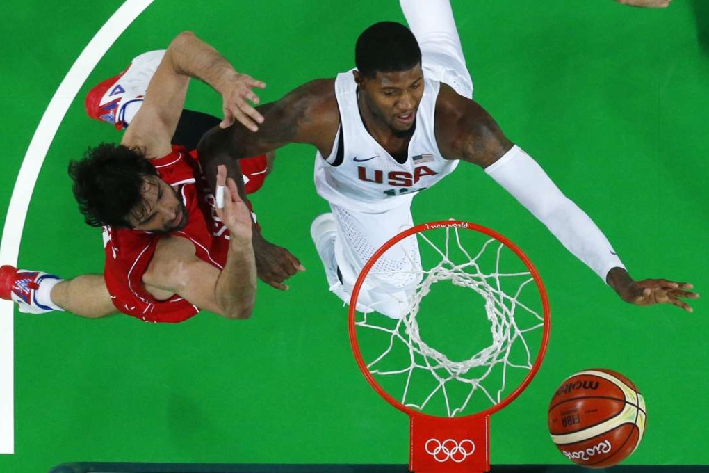 Paul George drives to the basket over Serbia's Milos Teodosic. Photo: AP