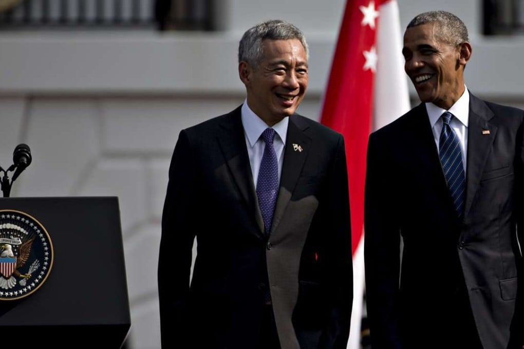 US President Barack Obama (right) and Singaporean Prime Minister Lee Hsien Loong on the South Lawn of the White House in Washington, earlier this month. Photo: Bloomberg
