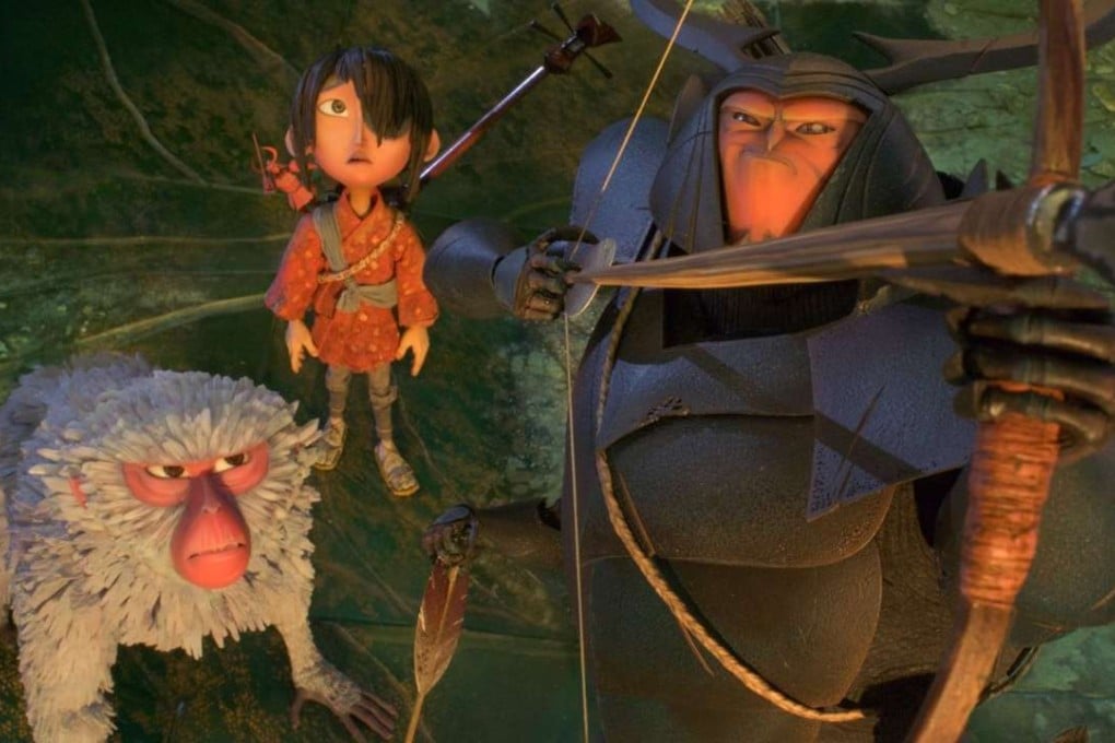 Kubo (voiced by Art Parkinson) embarks on a quest with Monkey (Charlize Theron) and Beetle (Matthew McConaughey) in Kubo and the Two Strings (category: I), directed by Travis Knight.