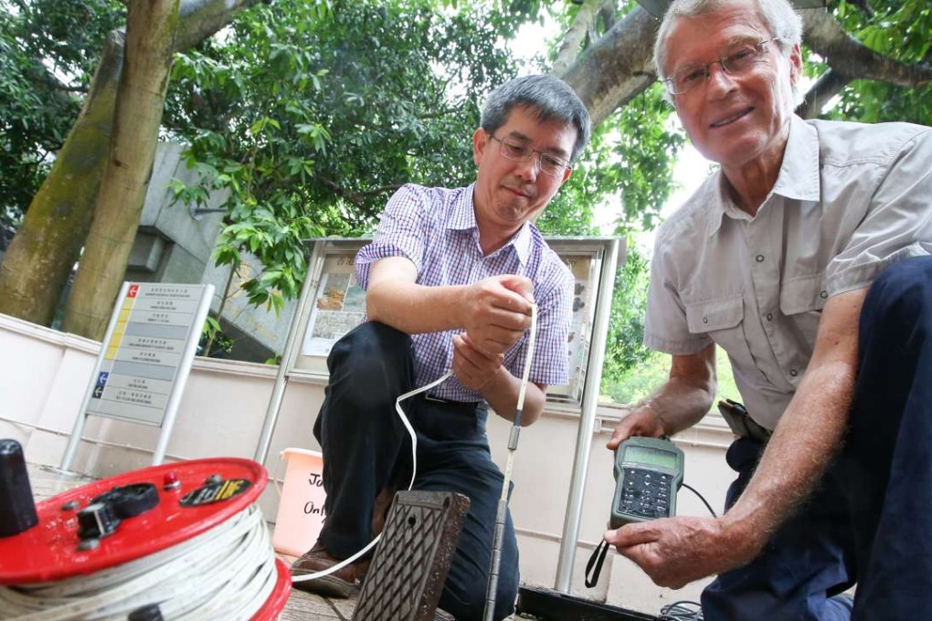 Dr John Cherry (right) demonstrates measuring groundwater levels with Professor Jimmy Jiao from the University of Hong Kong. Photo: Nora Tam