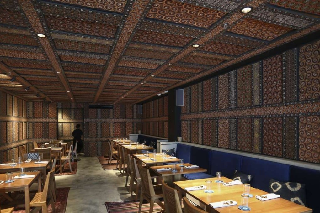 Batik covers the walls and ceiling of the dining room at Kaum in Sai Ying Pun.