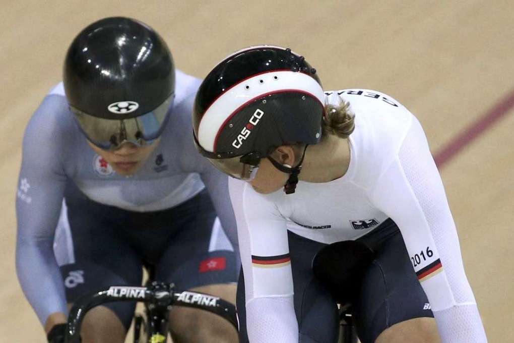 Hong Kong’s Sarah Lee and Germany’s Kristina Vogel tussle it out in the women’s sprint quarter-finals. Photo: Reuters