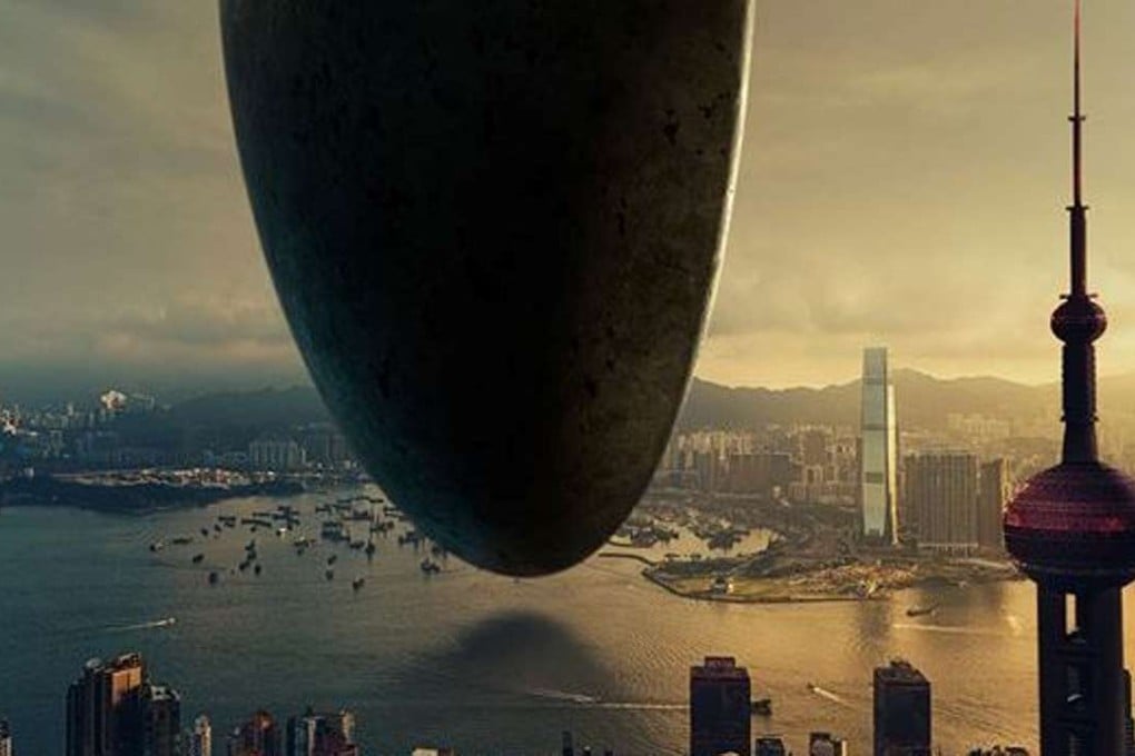 Part of the new poster for Arrival showing the Oriental Pearl Tower from Shanghai transported to Hong Kong.