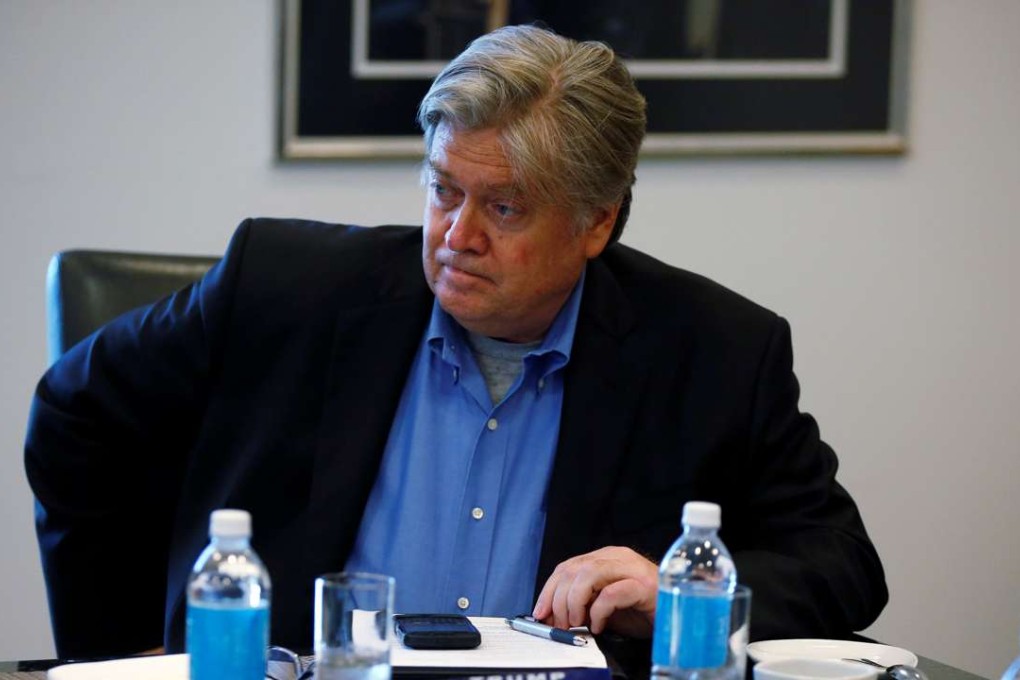 Trump campaign CEO Stephen Bannon listens during Republican presidential nominee Donald Trump's round table discussion on security at Trump Tower in Manhattan on Wednesday. Photo: Reuters