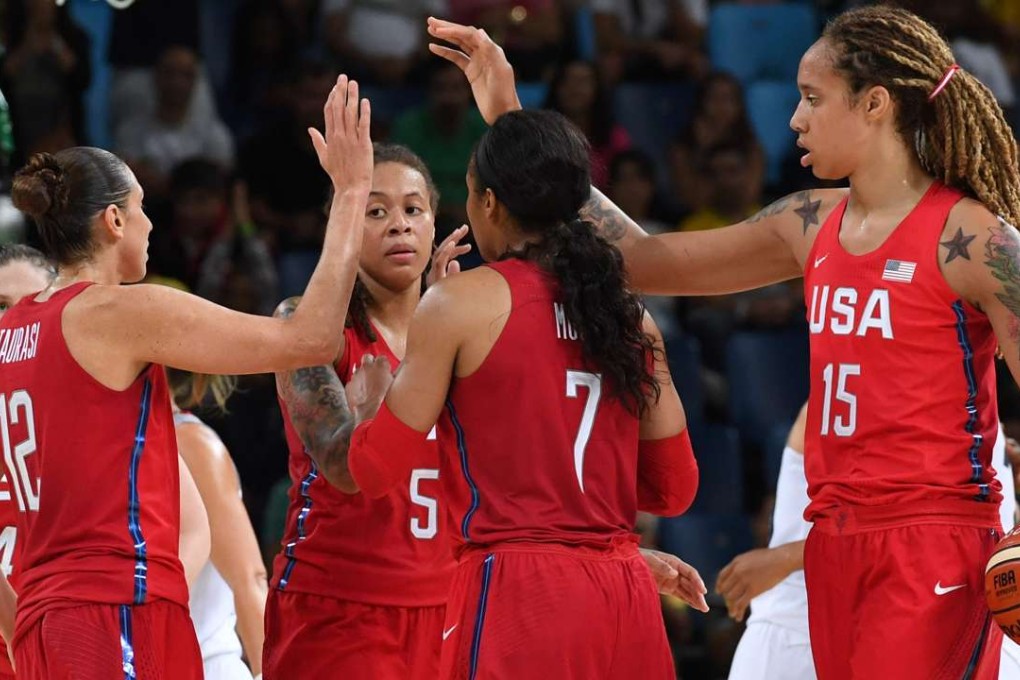 Diana Taurasi, Seimone Augustus, Maya Moore and Brittney Griner celebrate after beating France. Photo: AFP