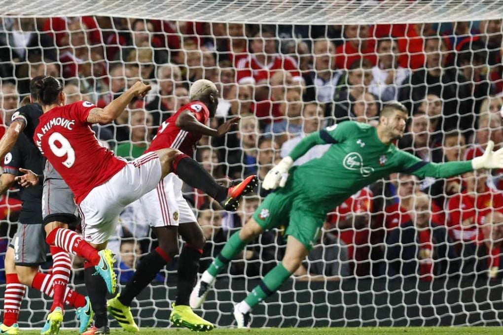 Manchester United’s Zlatan Ibrahimovic scores his team’s first goal in the 2-0 win over Southampton. Photo: Reuters