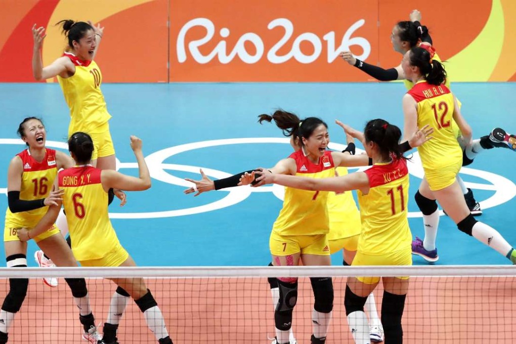 China's women’s volleyball team celebrate their finals win over Serbia at the 2016 Rio Olympic Games in Rio de Janeiro. Photo: Xinhua