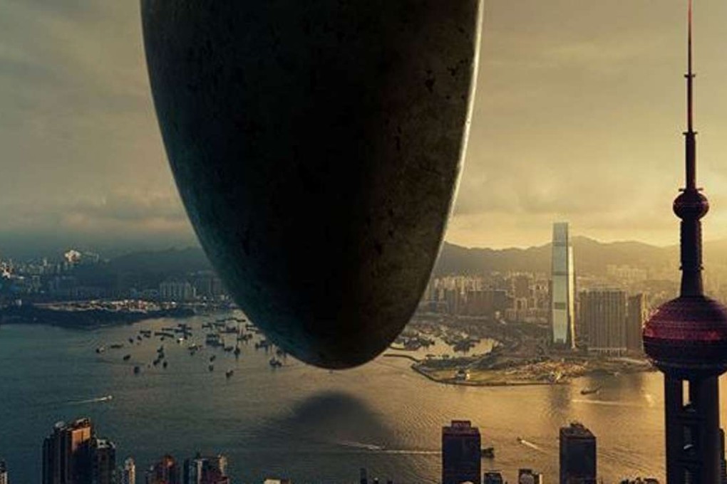 Part of the new poster for Arrival showing the Oriental Pearl Tower from Shanghai transported to Hong Kong.
