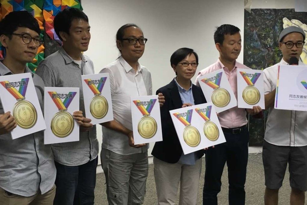 Brian Leung (right) with some of the LGBT-friendly candidates. Photo: Jeffie Lam