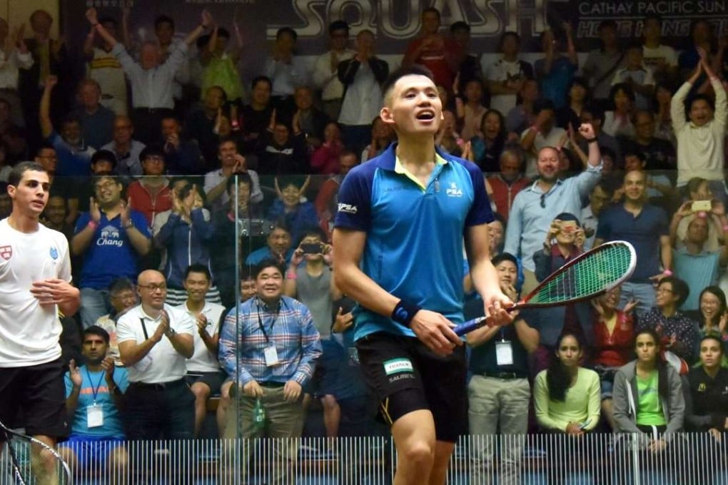 Hong Kong's Max Lee Ho-yin after beating Egypt's Ali Farag at the Hong Kong Squash Centre. Photos: SCMP Pictures