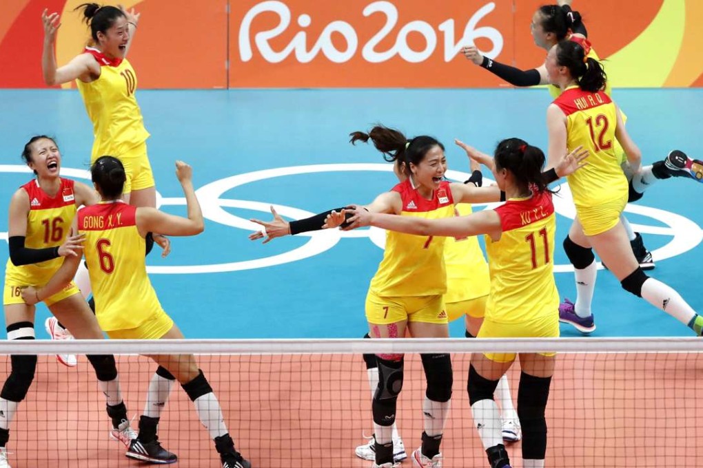 Wild celebrations follow China’s 3-1 win in the women's volleyball final against Serbia. Photo: Xinhua