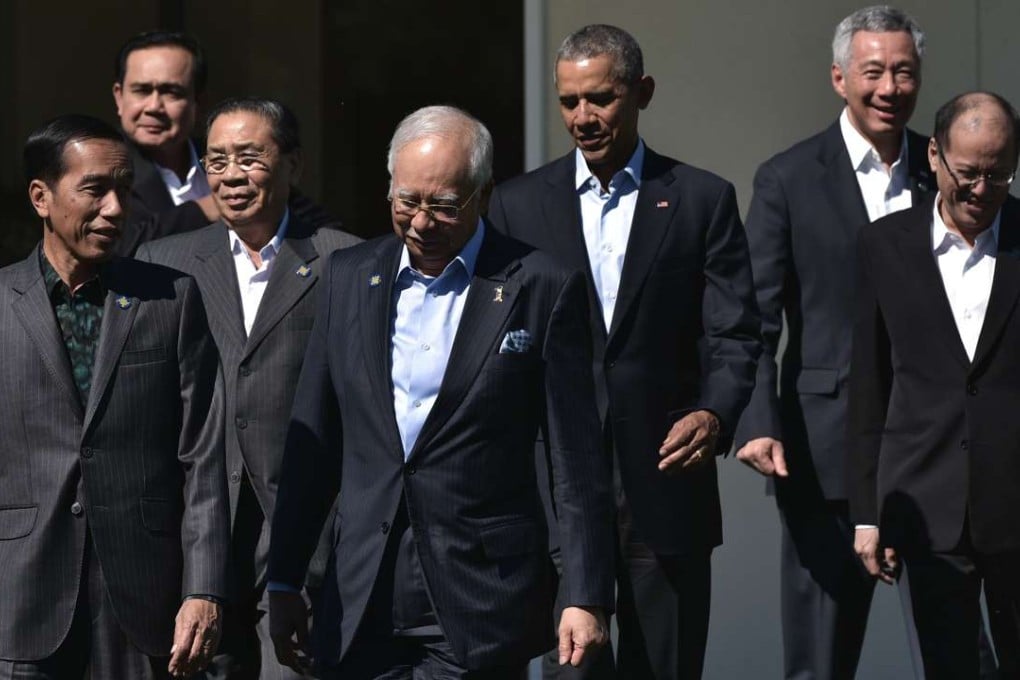 From left: Indonesia’s President Joko Widodo, Laos’ President Choummaly Sayasone, Malaysia’s Prime Minister Najib Razak, US President Barack Obama, Singapore’s Prime Minister Lee Hsien Loong and the Philippine’s President Benigno Aquino attend an Asean meeting in California this year. Photo: AFP