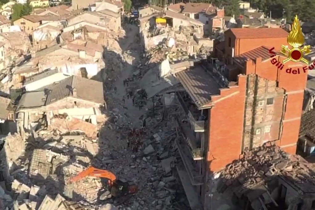 An aerial view of the central street of Amatrice in central Italy after a 6,2 magnitude earthquake struck the region killing some 267 people. Photo: AFP