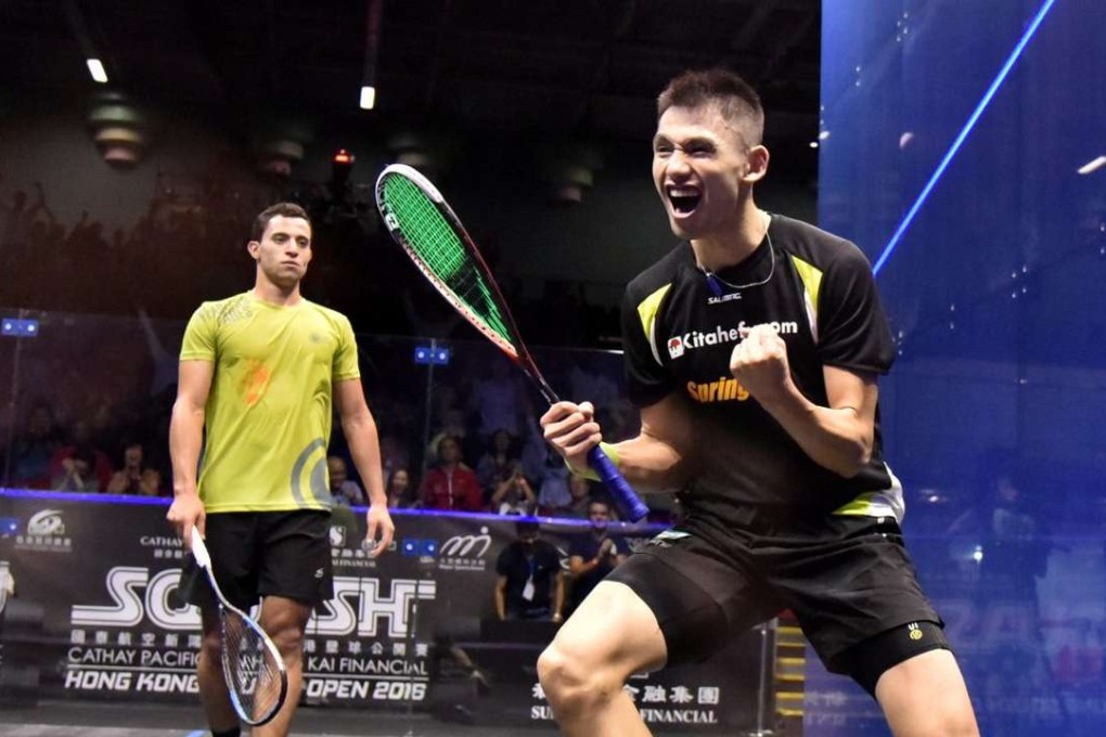 Hong Kong’s Max Lee celebrates reaching the semi-finals of the Hong Kong Squash Open. Photo: SCMP Pictures