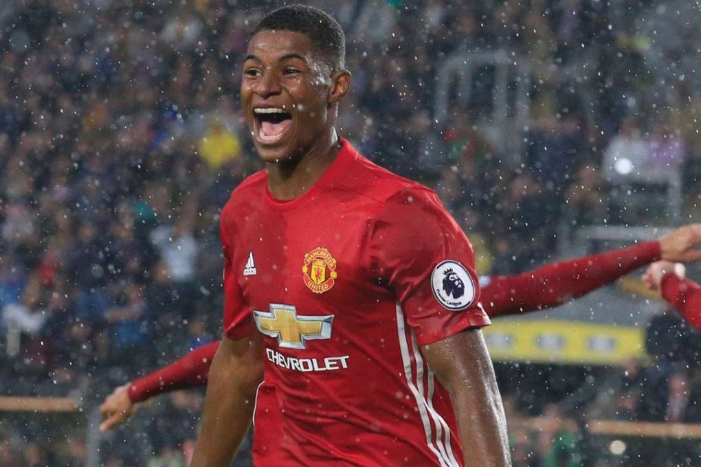 Marcus Rashford celebrates after scoring against Hull City. Photo: AFP