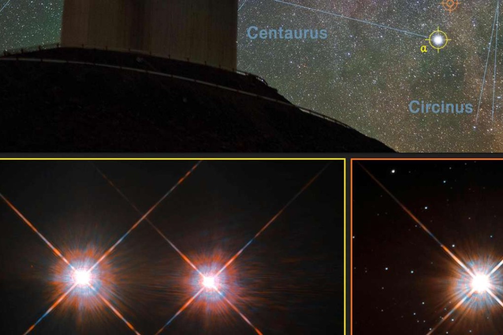 A hand out image made available by the European Southern Observatory combines a view of the southern skies over the ESO 3,6-metre telescope at the La Silla Observatory in Chile with images of the stars Proxima Centauri (lower-right) and the double star Alpha Centauri AB (lower-left) from the NASA/ESA Hubble Space Telescope. Photo: AFP