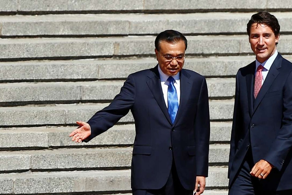 Chinese Premier Li Keqiang (left) welcomes Canadian Prime Minister Justin Trudeau to the Great Hall of the People in Beijing on Wednesday. Photo: Reuters