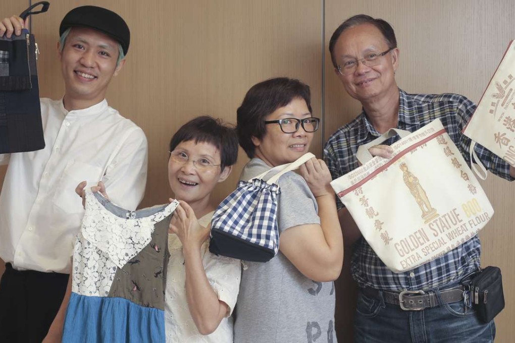 From left: fashion designer Hung Ming-kin, retired seamstresses Yip Mee-yung and Kwok Hung-lin, and retired pattern maker Henry Cheung Chi-man with their upcycling products. Photo: Paul Yeung