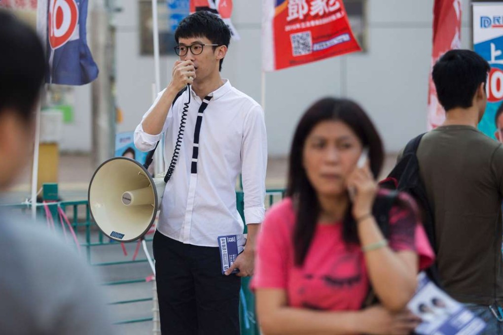 Baggio Leung of Youngspiration campaigns in Tseung Kwan O. The legislative election this year is seeing the rise of a new generation of far more radical political activists and groupings. Photo: AFP