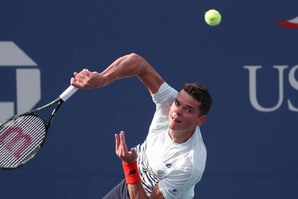 Milos Raonic serves against Ryan Harrison. Photo: USA Today