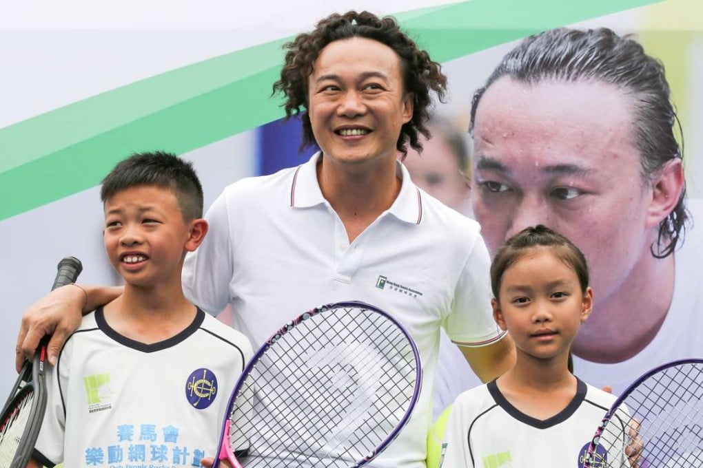 Eason Chan (Centre) at the Hong Kong Tennis Association and Jockey Club’s launch of the Tennis Rocks Programme at Victoria Park. Photo: Jonathan Wong
