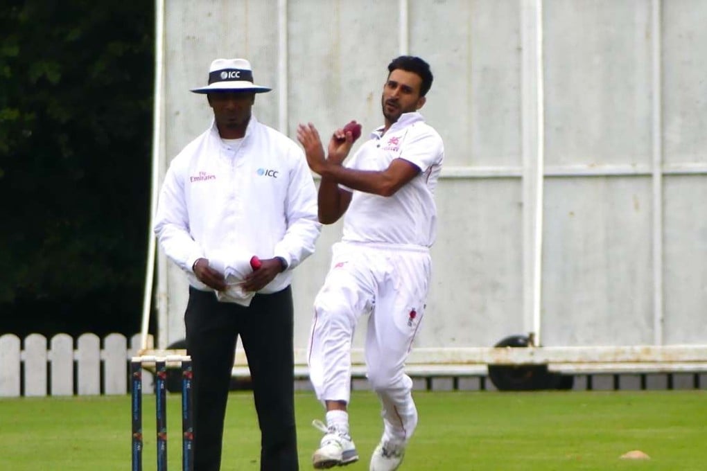 Tanwir Afzal sends down another delivery against Ireland on day three in Belfast. Photo: SCMP Pictures
