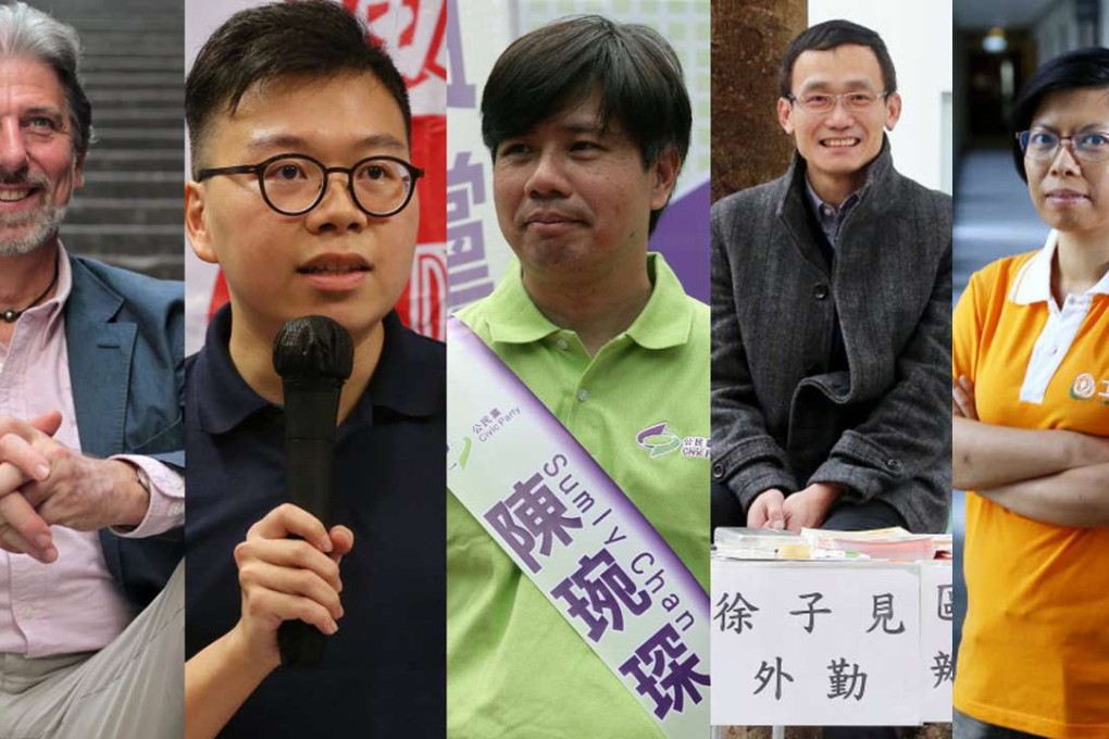 Paul Zimmerman, Kalvin Ho Kai-ming, Sumly Chan Yuen-sum, Chu Chi-kin and Suzanne Wu Sui-shan have all stopped campaigning for Sunday’s Legislative Council elections. Photo: SCMP Pictures