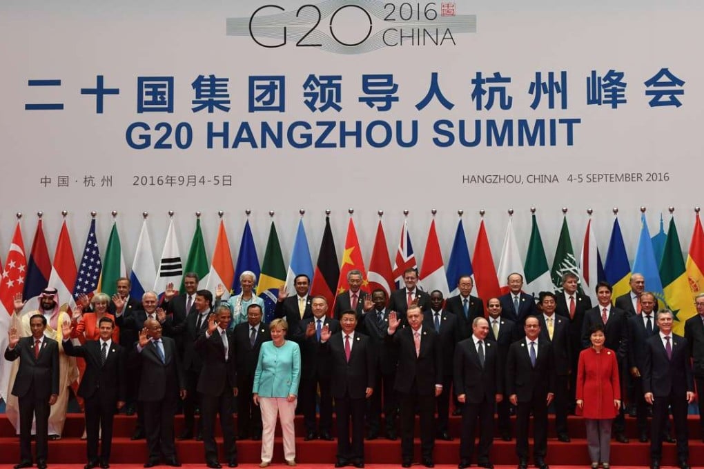 (Front row, from left) Brazil’s President Michel Temer, Indonesian President Joko Widodo, Mexican President Enrique Pena Nieto, South Africa’s President Jacob Zuma, US President Barack Obama, German Chancellor Angela Merkel, China’s President Xi Jinping, Turkey’s President Recep Tayyip Erdogan, Russian President Vladimir Putin, French President Francois Hollande, South Korean President Park Geun-Hye, Argentinian President Mauricio Macri, Indian Prime Minister Narendra Modi; (second row) Saudi Arabia's Deputy Crown Prince and Minister of Defence Muhammad bin Salman Al Saud, Britain's Prime Minister Theresa May, Australia's Prime Minister Malcolm Turnbull, Italy's Prime Minister Matteo Renzi, Laos' President Bounnhang Vorachith, Kazakhstan's President Nursultan Nazarbayev, Chad's President Idriss Deby, Senegal's President Macky Sall, Egypt's President Abdel Fattah al-Sisi, Japan's Prime Minister Shinzo Abe, Canadian Prime Minister Justin Trudeau, European Council President Donald Tusk, P