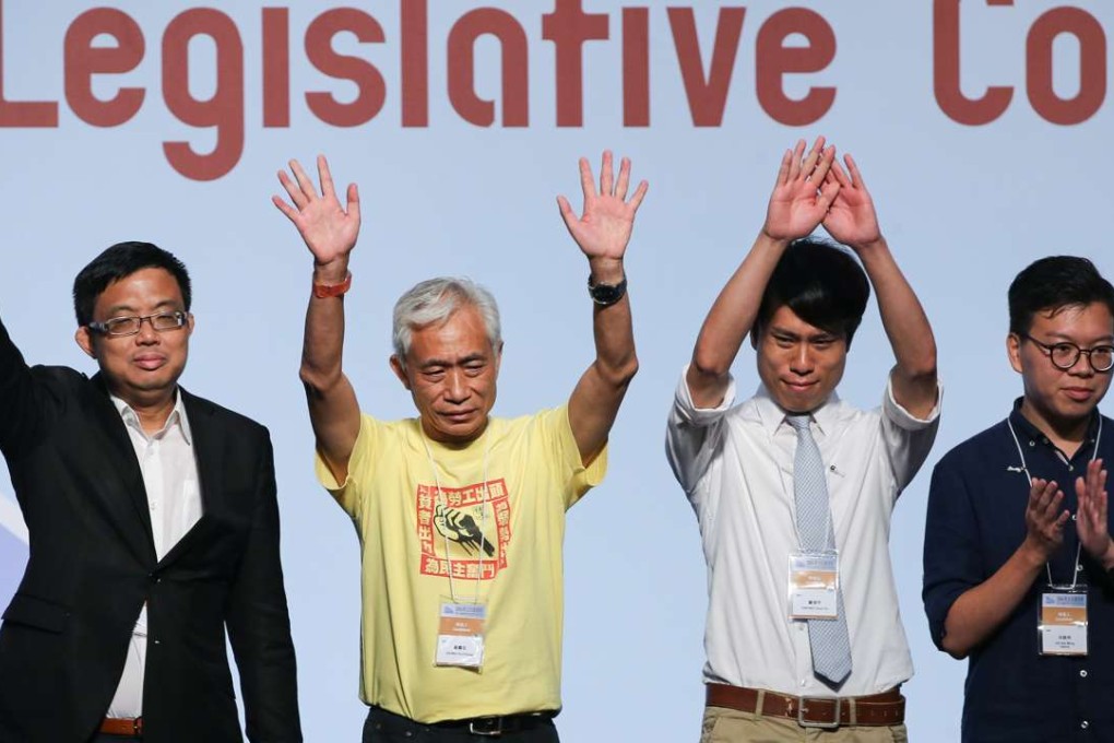 (From left) James To, Leung Yiu-chung and Roy Kwong wave to supporters after securing their seats. Photo: Sam Tsang