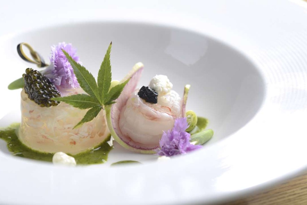 Nobu’s botan ebi sashimi with caviar cube and taraba gani tartare with caviar and coriander dressing.
