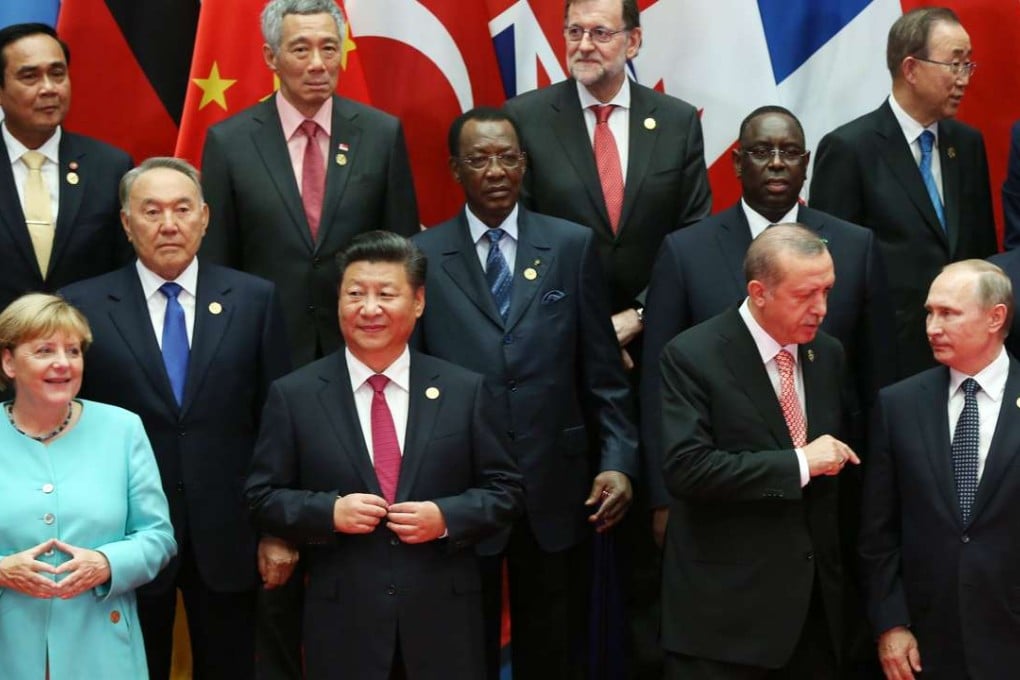 Some of the world leaders at the G20 summit in Hangzhou pose for a photo on Sunday. Bottom row (left to right): German Chancellor Angela Merkel, President Xi Jinping, Turkish President Recep Tayyip Erdogan and Russian President Vladimir Putin. Cenre row (left to right) Kazakh President Nursultan Nazarbayev, Chadian President Idriss Deby, Senegalese President Macky Sall, Egyptian President Abdel Fattah el-Sisi. Top row (left to right): Thai Prime Minister Prayut Chan-ocha, Singaporean Prime Minister Lee Hsien Loong, Spanish acting Prime Minister Mariano Rajoy, UN Secretary General Ban Ki-moon, and World Bank President Jim Yong Kim. Photo: EPA