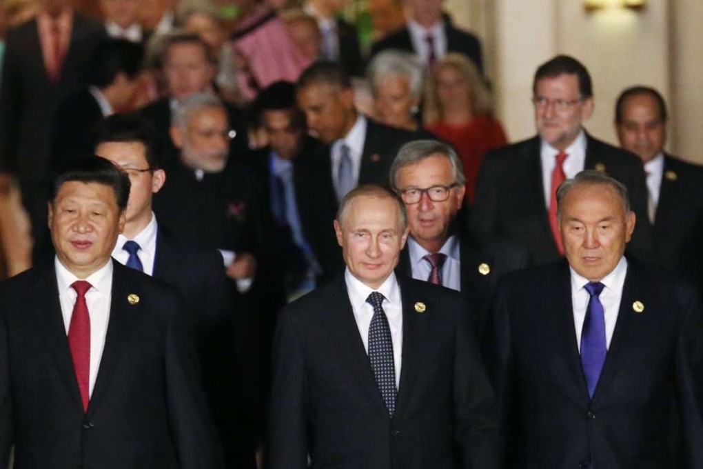 (From left) President Xi Jinping, Russian President Vladimir Putin, President of Kazakhstan Nursultan Nazarbayev and other participants at the G20 summit in Hangzhou. Photo: EPA
