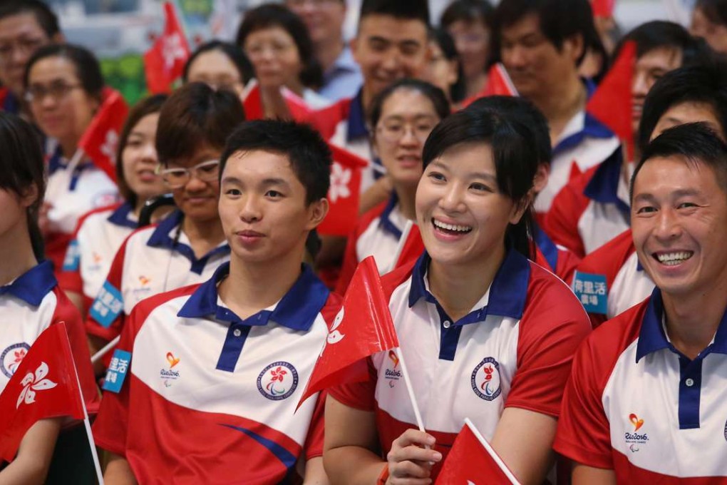 Paralympic swimmer Choi Wa-kit (second left) and wheelchair fencer Yu Chui-yee (third left) at the Rio 2016 Paralympic Games send-off party for the Hong Kong team on August 21. Photo: Nora Tam