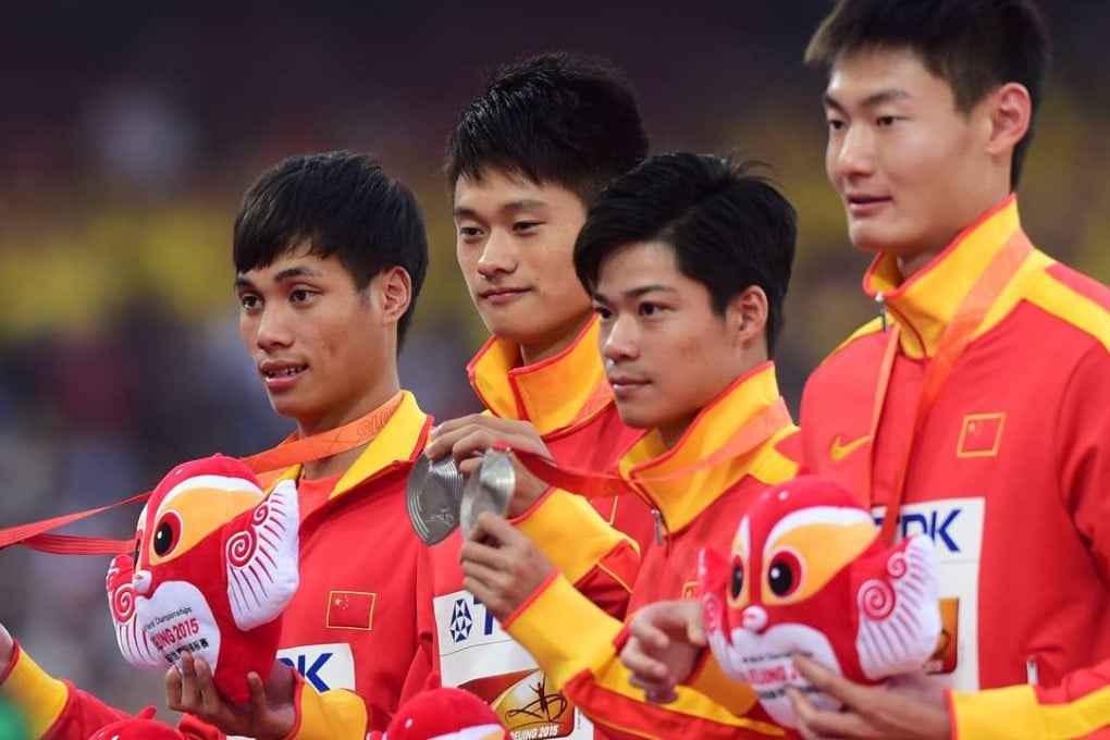 China's 4x100m relay team pose after winning the silver medal at last August’s IAAF World Championships in the Bird's Nest in Beijing. Photo: Xinhua
