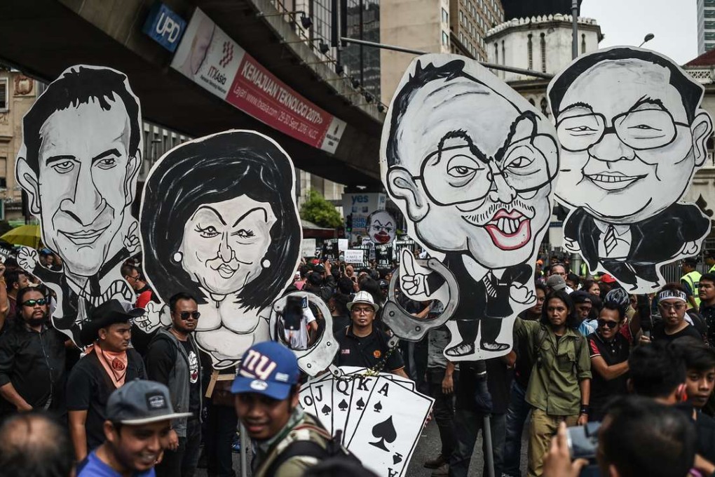 Student activists hold clown-faced caricatures of Malaysian Prime Minister Najib Razak (second right) and his wife Rosmah Mansor (second left) during a protest over the 1MDB scandal in Kuala Lumpur in August 2016. Photo: AFP