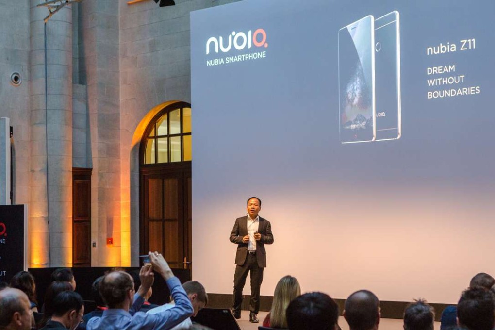 Nubia co-founder Felix Fu launches the Nubia Z11 smartphone at the IFA trade show in Berlin last week. Photo: SCMP Handout
